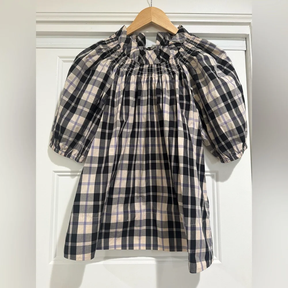 J.Crew Plaid Puff Sleeve Peasant Top Smocked Neck Cotton Blouse